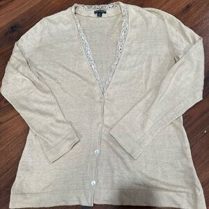 Lafayette 148 Sweater Women Medium Tan color Cardigan 100% Linen Lightweight